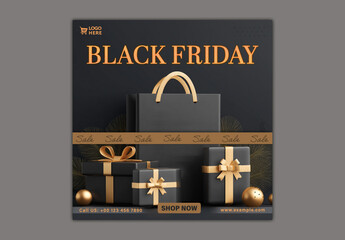 Black Friday Sale Social Media Post with Shopping Bag and Gift Boxes, Editable Design.