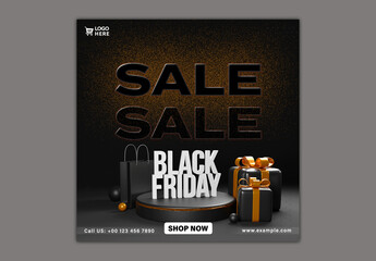 Black Friday Sale Social Media Post with Shopping Bag and Gift Boxes, Editable Design.