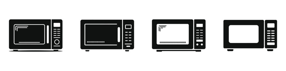 Set of four black microwave oven silhouettes with different designs and control panels isolated on white background, modern kitchen appliance icons for cooking and heating food