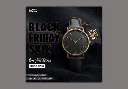 Black Friday Sale Social Media Post with Wristwatch and Discount Tag for Men&rsquo;s Accessories or Luxury Timepiece Promotion, Editable Design.