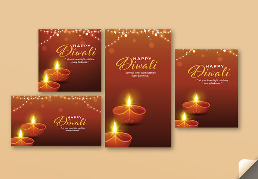 Happy Diwali Celebration Posts and Templates Set with Illuminated Oil Lamps (Diya), Editable Design.