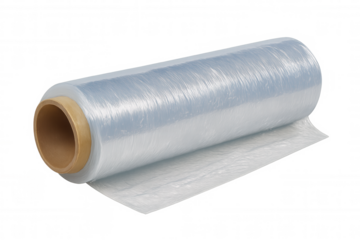 Roll of wrapping plastic stretch film on a transparent background, ideal for packaging and protecting items