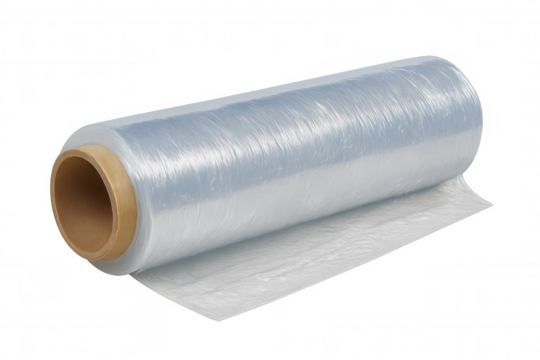 Roll of wrapping plastic stretch film on a transparent background, ideal for packaging and protecting items