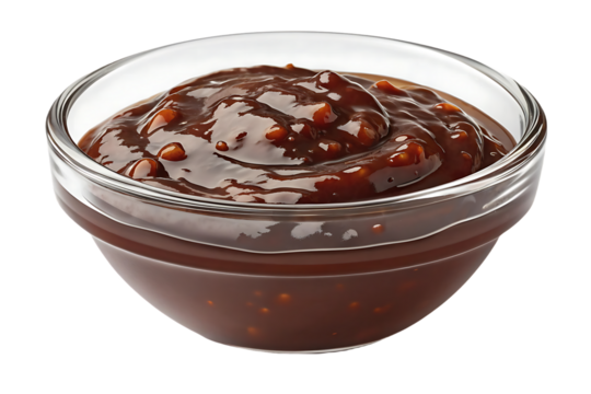Dark brown hoisin sauce with thick glossy texture in transparent glass bowl, isolated on a transparent background