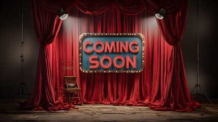 Meticulously crafted theatrical stage design with bold red curtains and dynamic retro show sign conveying imminent artistic flair