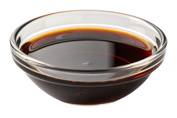 Dark teriyaki sauce in clear glass bowl with amber edges, isolated on a transparent background