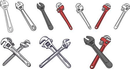 Naklejka premium Red and white adjustable pipe wrenches set side by side