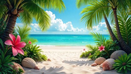 Fototapeta premium Tropical Beach Garden Oasis Tranquil Escape with Lush Plants, Vibrant Flowers, and Soft Sand Perfect for Relaxation and Rejuvenation