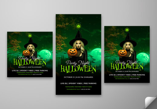 Halloween Party Night Social Media Posts and Story Template with Witch Holding Jack O Lantern for Spooky Event Promotion, Editable Design.