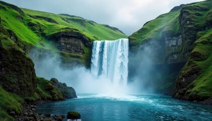 Fototapeta premium Serene Cascading Waterfall in Lush Green Hills Misty Spray and Tranquil Wilderness Scene Perfect for Travel, Nature, and Environmental Projects