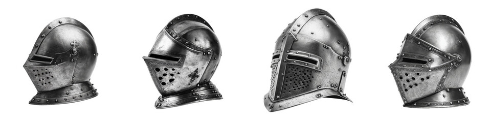 Set of antique gothic medieval steel helmets showcasing knight protective armor headpieces, battle warrior masks, vintage craftsmanship, and historical steel gear transparent background