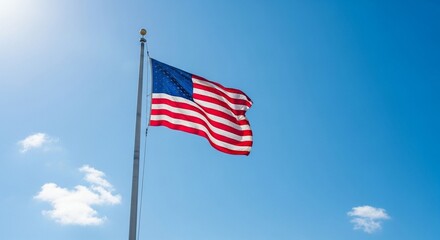 Naklejka premium American flag waving in sunny sky