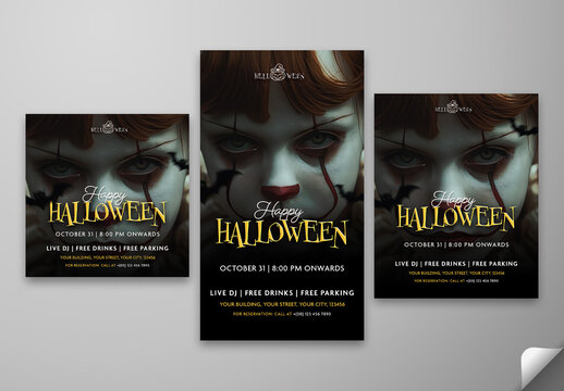 Happy Halloween Party Social Media Posts and Story Template with Creepy Doll Face Makeup for Scary Event Promotion, Editable Design.
