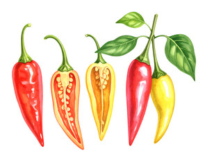 Assorted chili peppers in red and yellow, whole and cut lengthwise with seeds and leaves, glossy watercolor on isolated background