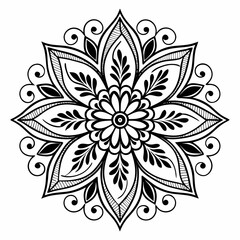 Intricate black and white mandala design with floral and swirling patterns