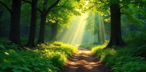 Obraz premium Sun-dappled forest path winding through lush green trees, sunlight filtering through leaves, creating a magical atmosphere Perfect for travel, nature, and fantasy themes , sunbeams, summer, adventure