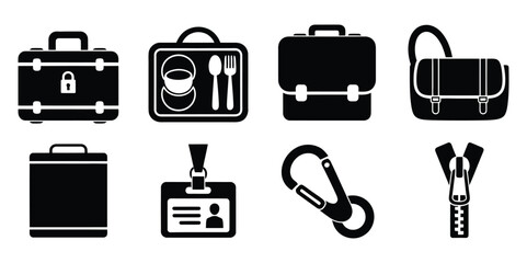 Illustration of various bags, including a briefcase, lunchbox, and messenger bag, along with an id card, carabiner, and zipper, , showcasing diverse accessories