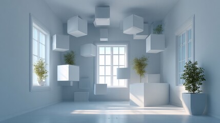 Fototapeta premium All-white room w/ floating cubes & plants, illuminated by windows