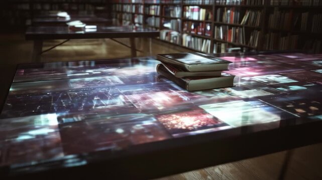 A stack of three books rests on a reflective table.  Other tables and a library full of books fade into the background