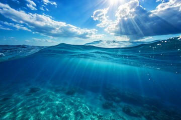 A beautiful split view of a clear blue ocean and sky, with sun rays shining underwater.