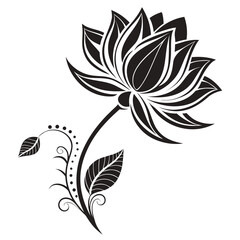 Elegant black and white stylized lotus flower with decorative stem and leaves