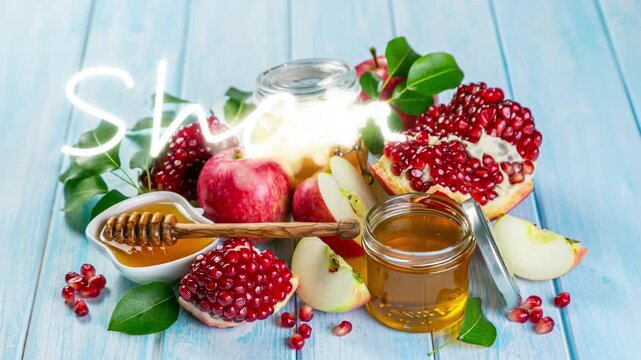 Rosh Hashannah concept - Shona Tova text reveal via photo of apples, honey and pomegranate