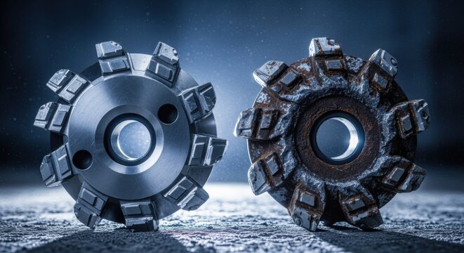Visual comparison of new versus worn cutterhead cutters demonstrating the necessity of regular servicing in tunnel excavation.