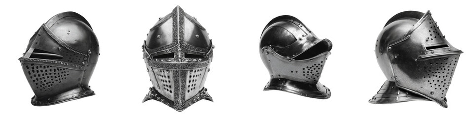 Set of authentic medieval steel helmets with knight gothic armor masks, antique warrior headpieces, battle protective gear, vintage steel craftsmanship, and historical designs transparent background