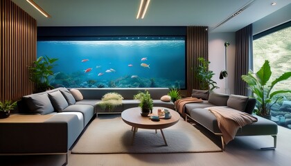 modern living room with large aquarium and comfortable seating