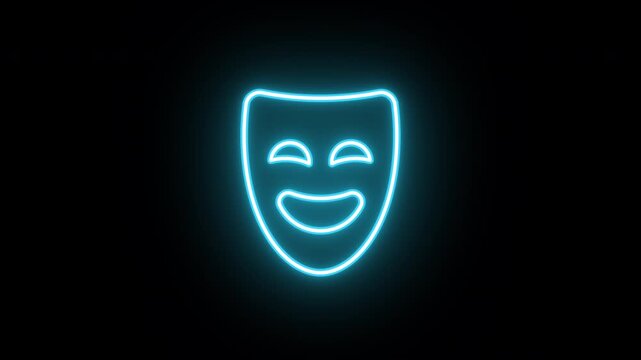 Neon comedy mask and tragedy mask animation, 60 fps. Uniform rotation with face mood change. Glowing neon 3D theater mask icon, looped spin. Theatrical humor and drama performance. Blue magenta