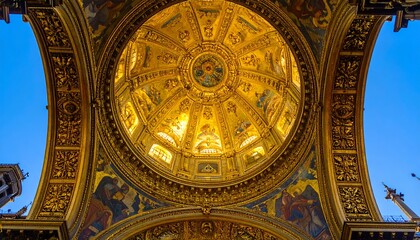 Obraz premium Ornate golden dome with intricate details and vibrant colors, illuminating the interior of a cathedral.
