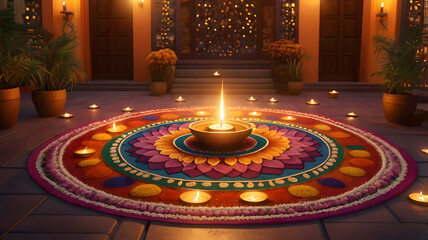 
Vibrant Rangoli with Diya