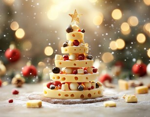 A creative holiday centerpiece built from blocks of Swiss cheese and adorned with festive garnishes