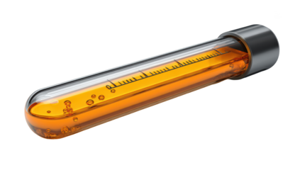 Glass vial with orange liquid, gradation marks, bubbles, & metallic cap