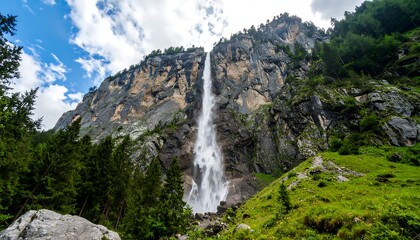 A magnificent waterfall cascades down a sheer rock face, surrounded by lush greenery and towering mountains.