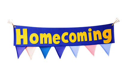 Homecoming banner with colorful flags isolated on transparent background