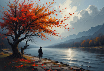 Fototapeta premium A solitary figure pauses by a serene lake under a vibrant autumn tree.
