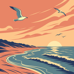 Naklejka premium Seascape with seagulls flying over the ocean at sunset with a colorful sky