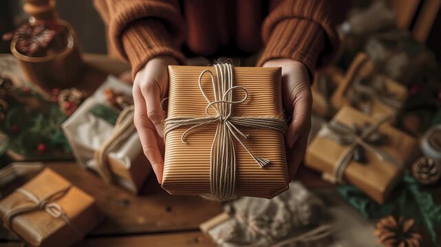 Giving eco-friendly present wrapped in kraft paper and twine