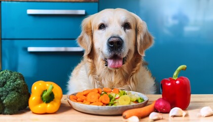 golden retriever looks at table with colorful food in cozy kitchen dog head tilted tongue out eating healthy food with variety of vegetables food on table includes bell peppers rice carrots