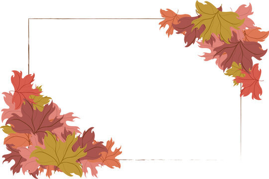 Isolated rectangular frame with a hand drawn brown border, accented by clusters of colorful autumn leaves in the corners. Ideal for horizontal seasonal invitations or fall stationery.
