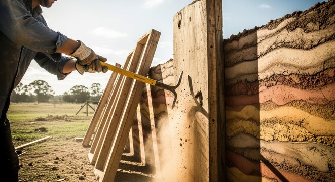 Worker using crowbar tool to pry away sturdy wooden formwork panels from hardened rammedearth structure in outdoor rural setting.