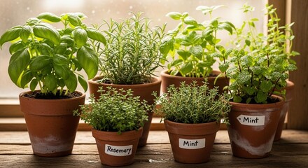 Assortment of herbs in pots on windowsill