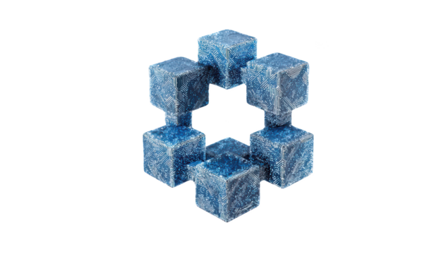 Six blue cubes arranged in a circular pattern against a black background