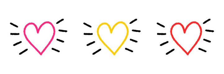 Hand drawn heart with sun rays, cute doodle heart with light rays, abstract love heart icons vector illustration isolated, sunburst heart set