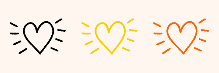 Hand drawn heart with sun rays, cute doodle heart with light rays, abstract love heart icons vector illustration isolated, sunburst heart set
