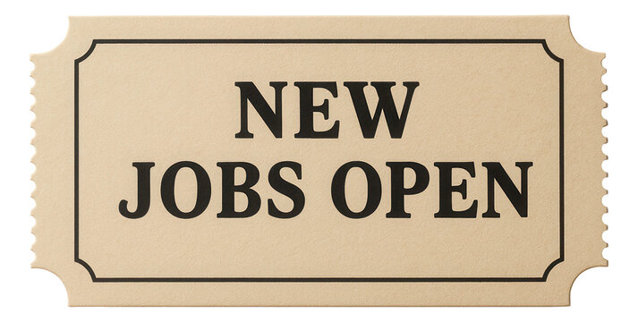 Cream ticket tag sticker with NEW JOBS OPEN offer in bold text, appealing retail promotion on transparent background.