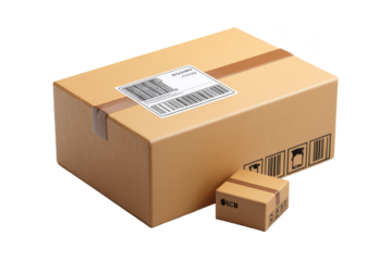 Cardboard boxes, one large, one small, with shipping labels and tape