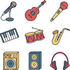 Obraz premium Comprehensive music icon set featuring instruments and performance elements for digital and print media applications