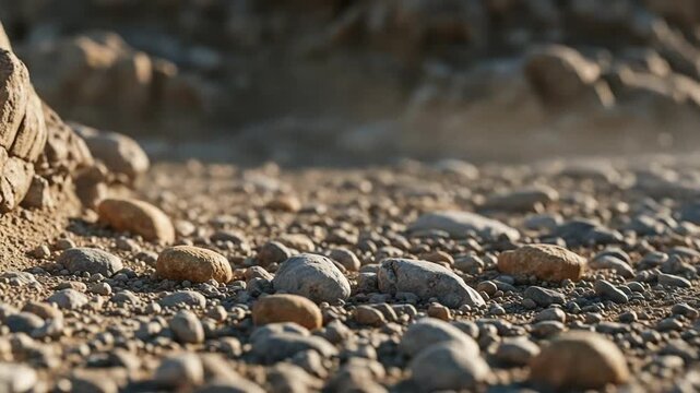 Close-up of pebbles and rocks on a sunlit ground.